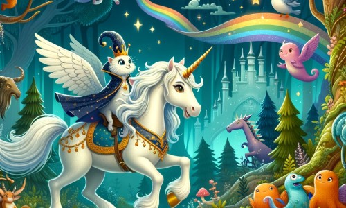 Une illustration pour enfants représentant une licorne majestueuse, dans une forêt enchantée, où elle découvre un royaume magique rempli de créatures fantastiques.