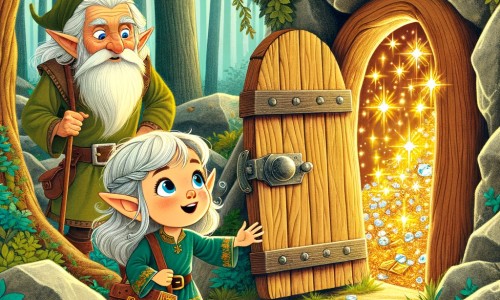 Une illustration destinée aux enfants représentant une jeune elfe curieuse découvrant une mystérieuse grotte dans la forêt enchantée, accompagnée d'un sage elfe aux yeux bleus, tandis que derrière la porte en bois se trouve une salle scintillante remplie de trésors étincelants.