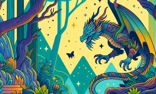 Une illustration pour enfants représentant une créature fantastique, gentille mais effrayante, qui se retrouve au cœur d'une aventure magique dans une forêt enchantée.
