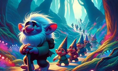 Une illustration pour enfants représentant un troll mystérieux et effrayant qui vit dans une forêt dense et mystérieuse, où un jeune garçon aventurier découvre leur secret magique.