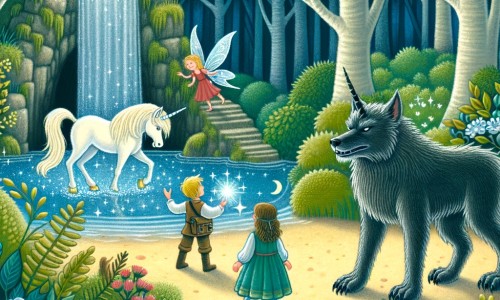 Une illustration pour enfants représentant un loup-garou cruel et méchant qui habite dans une forêt enchantée peuplée de créatures magiques.