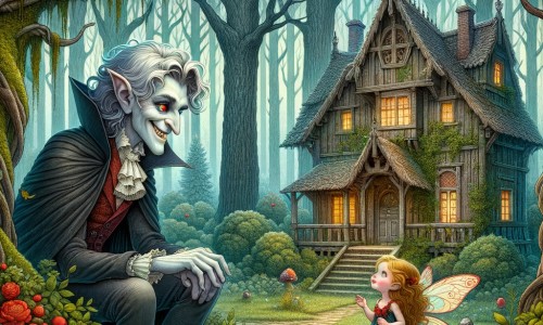 Une illustration pour enfants représentant un vampire gentil découvrant une lueur mystérieuse dans une forêt enchantée.