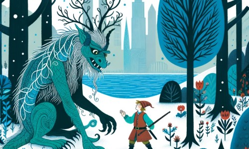 Une illustration pour enfants représentant un monstre blessé qui rencontre un jeune garçon dans une forêt magique et qui part ensuite avec lui à la découverte d'une ville de lumière, avant de rentrer chez eux, accueillis en héros.