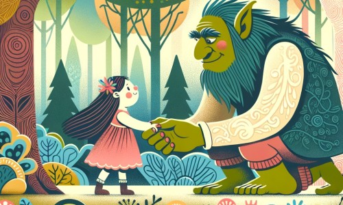Une illustration destinée aux enfants représentant un ogre au cœur tendre, faisant la rencontre d'une petite fille courageuse, dans une forêt enchantée où les arbres dansent et les fleurs brillent de mille couleurs.