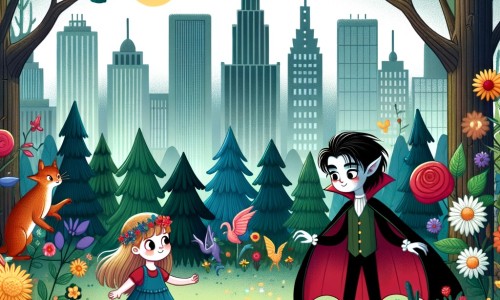 Une illustration pour enfants représentant un vampire solitaire, nourrissant sa soif de sève dans une forêt enchantée.