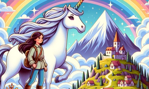Une illustration destinée aux enfants représentant une licorne majestueuse, accompagnée d'une jeune exploratrice, dans un village perché au sommet d'une montagne entouré de nuages blancs cotonneux et d'un arc-en-ciel géant qui brille de mille couleurs.
