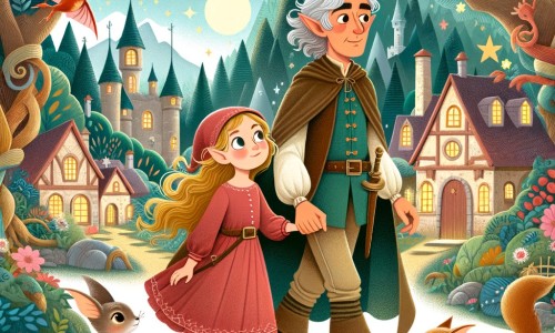 Une illustration destinée aux enfants représentant un jeune elfe intrépide, accompagné d'une petite fille curieuse, explorant un village enchanté caché au cœur d'une forêt luxuriante, peuplée de créatures fantastiques.