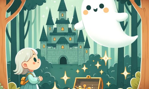 Une illustration destinée aux enfants représentant un adorable fantôme flottant dans une forêt enchantée, faisant la rencontre d'une petite fille curieuse, dans un château abandonné rempli de trésors étincelants et de mystères.