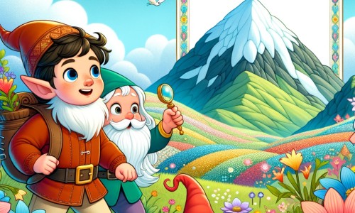 Une illustration destinée aux enfants représentant un(e) elfe curieux(se) qui fait équipe avec un lutin pour trouver une plante magique au sommet d'une montagne enchantée, entourée d'un champ de fleurs multicolores et peuplée de créatures fantastiques.
