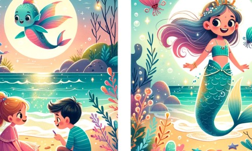 Une illustration pour enfants représentant une sirène captivante, une rencontre magique sur la plage et un monde sous-marin rempli de merveilles.