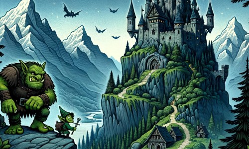 Une illustration destinée aux enfants représentant un ogre bienveillant, accompagné d'un lutin malicieux, explorant un château sombre et sinistre perché au sommet d'une haute falaise, dans un royaume verdoyant entouré de majestueuses montagnes.
