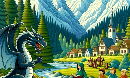 Une illustration destinée aux enfants représentant un dragon bienveillant, perdu dans une forêt enchantée, faisant face à un groupe de dragons maléfiques pour sauver les enfants dans un village entouré de montagnes majestueuses.