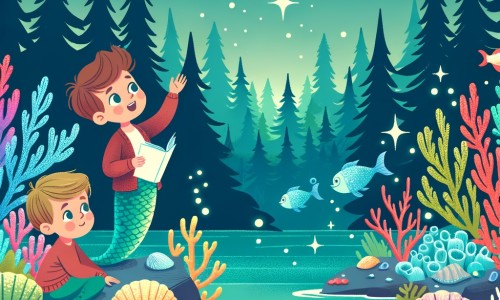 Une illustration pour enfants représentant une sirène qui guide un petit garçon dans un univers magique et merveilleux peuplé de créatures fantastiques, au bord d'un lac scintillant.