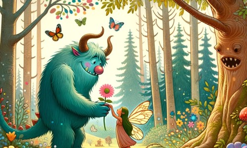 Une illustration destinée aux enfants représentant un monstre au cœur tendre, rencontrant une fée perdue dans une forêt enchantée, où les arbres majestueux se dressent avec grâce, entourés de fleurs multicolores et de papillons virevoltants.