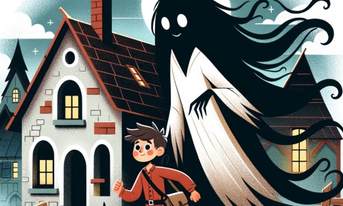 Une illustration destinée aux enfants représentant une silhouette mystérieuse aux cheveux noirs comme la nuit, évoluant dans une vieille maison abandonnée, accompagnée d'un jeune garçon courageux, au cœur d'un village enchanteur.