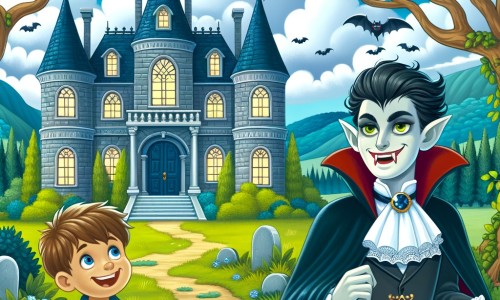 Une illustration destinée aux enfants représentant un vampire mystérieux et souriant, accompagné d'un jeune garçon curieux, explorant un somptueux manoir aux portes nuageuses, entouré de bois verdoyants et de collines paisibles.