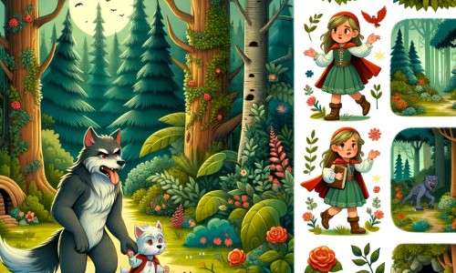 Une illustration destinée aux enfants représentant un mignon petit loup-garou perdu dans une forêt enchantée, accompagné d'une jeune fille courageuse, rencontrant des loups-garous maléfiques, dans un décor luxuriant avec des arbres majestueux, des fleurs colorées et une grotte mystérieuse.
