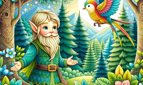 Une illustration destinée aux enfants représentant un(e) elfe bienveillant(e) se trouvant dans une forêt enchantée, accompagné(e) d'un petit oiseau coloré, entouré(e) d'arbres majestueux aux feuilles chatoyantes et de fleurs lumineuses.