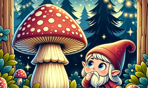 Une illustration destinée aux enfants représentant un lutin malicieux découvrant un champignon géant, accompagné d'une petite fille curieuse, dans une forêt enchantée aux arbres majestueux et aux lumières magiques scintillantes.