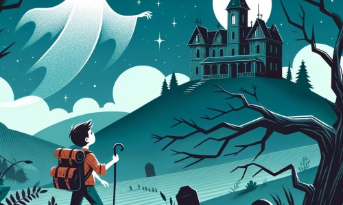 Une illustration pour enfants représentant un fantôme intrépide qui découvre les secrets d'un vieux manoir hanté situé au sommet d'une colline mystérieuse.