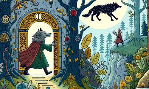 Une illustration pour enfants représentant un mystérieux loup-garou découvrant une porte secrète dans une forêt enchantée, déclenchant ainsi une quête périlleuse pour sauver ce lieu magique.