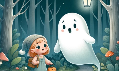 Une illustration pour enfants représentant un charmant fantôme perdu dans une forêt enchantée, où il fait la rencontre d'une petite fille curieuse et ensemble, ils partent à l'aventure pour retrouver le chemin de sa maison.
