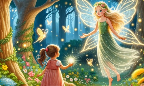 Une illustration destinée aux enfants représentant une fée étincelante, aux ailes scintillantes, qui rencontre une courageuse petite fille dans une forêt enchantée remplie d'arbres majestueux, de fleurs colorées et de lucioles lumineuses.