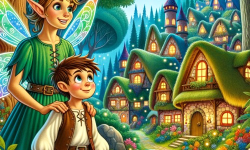 Une illustration pour enfants représentant une belle elfe vêtue d'une tunique verte, qui vit dans une forêt enchantée, où elle va aider un jeune garçon à retrouver une pierre magique volée par un sorcier maléfique.