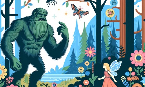 Une illustration destinée aux enfants représentant un monstre aux bras musclés et aux jambes poilues, accompagné d'une petite fée perdue, dans une forêt enchantée remplie de fleurs multicolores, d'arbres majestueux et de créatures magiques.