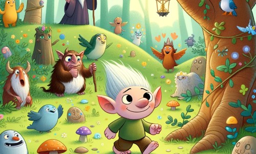 Une illustration pour enfants représentant un petit troll farceur, se retrouvant par accident dans une forêt enchantée remplie de créatures magiques.