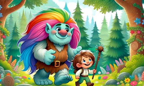 Une illustration destinée aux enfants représentant un adorable troll aux cheveux colorés, faisant équipe avec un courageux petit garçon, à la recherche d'un troll perdu dans une clairière magique remplie de fleurs colorées et d'arbres majestueux.