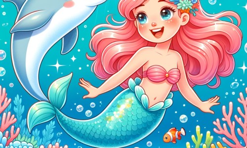 Une illustration destinée aux enfants représentant une magnifique sirène aux cheveux couleur corail, nageant joyeusement aux côtés d'un dauphin malicieux, dans un océan étincelant rempli de coraux chatoyants et de poissons colorés.