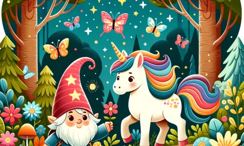 Une illustration destinée aux enfants représentant un lutin curieux et courageux, accompagné d'une licorne magique, explorant une forêt enchantée aux arbres majestueux, aux fleurs multicolores et aux papillons virevoltants.