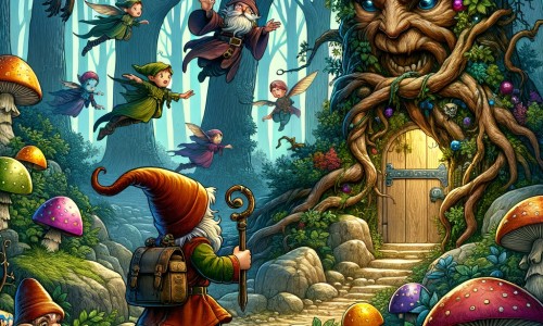Une illustration pour enfants représentant un lutin intrépide se trouvant au cœur d'une forêt enchantée, dans une quête pour retrouver un artefact volé et sauver ainsi le royaume des créatures fantastiques.