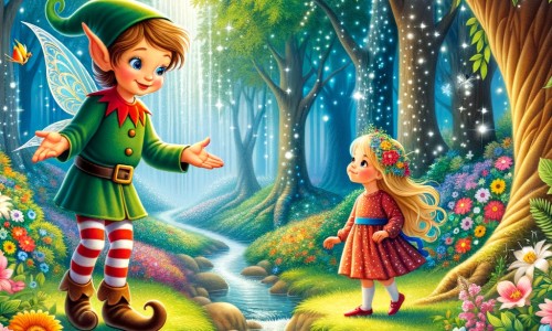 Une illustration pour enfants représentant un petit être magique vivant dans un arbre creux, qui rencontre une petite fille courageuse lors d'une promenade dans une forêt enchantée.