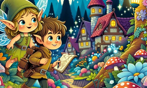 Une illustration pour enfants représentant un lutin courageux qui part à la recherche d'ingrédients magiques dans une forêt dense.