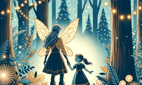 Une illustration destinée aux enfants représentant une fée courageuse, accompagnée d'une petite fille, dans un royaume enchanté, rempli de lumières scintillantes et d'arbres majestueux.