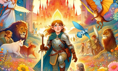 Une illustration destinée aux enfants représentant une jeune elfe courageuse, accompagnée de créatures magiques, dans un château elfique scintillant au milieu d'un champ de fleurs multicolores.