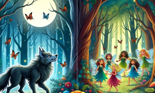 Une illustration destinée aux enfants représentant un mystérieux loup-garou solitaire, découvrant un monde enchanté rempli de fées et d'elfes, dans une forêt dense et colorée où les rayons du soleil filtrent à travers les branches touffues.