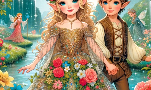 Une illustration pour enfants représentant une elfe courageuse se trouvant au cœur d'un monde enchanté peuplé de créatures fantastiques.