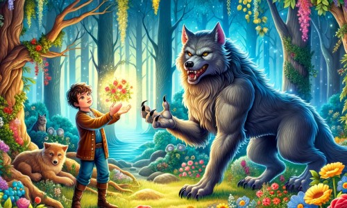 Une illustration destinée aux enfants représentant un loup-garou fascinant, découvrant ses pouvoirs magiques avec l'aide d'un jeune garçon curieux, dans une forêt enchantée remplie de fleurs multicolores et d'arbres majestueux.