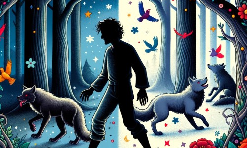 Une illustration destinée aux enfants représentant une silhouette mystérieuse, mi-homme mi-loup, se tenant au bord d'une forêt dense et sombre où des fleurs colorées et des créatures magiques dansent joyeusement.