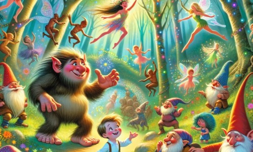 Une illustration pour enfants représentant un troll sympathique qui envoie un petit garçon curieux dans un monde fantastique peuplé de créatures rigolotes, dans une forêt enchantée.