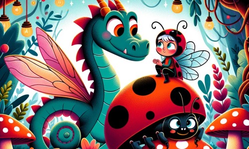 Une illustration destinée aux enfants représentant un dragon farceur coincé dans le corps d'une petite coccinelle, accompagné d'une curieuse fourmi nommée Lila, dans un jardin enchanté rempli de plantes colorées et de champignons lumineux.