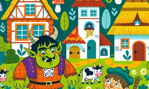 Une illustration destinée aux enfants représentant un ogre affamé et rigolo se trouvant dans un village coloré, entouré de maisons en forme de champignons, tandis qu'un petit fermier malin l'aide à retrouver ses vaches volées.