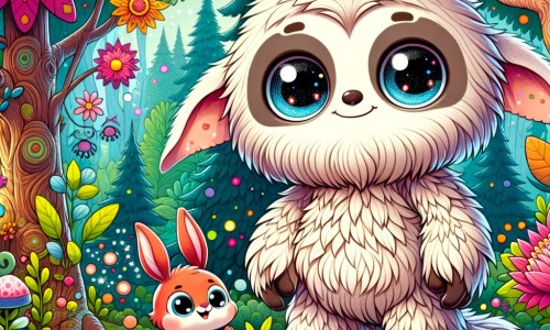 Une illustration destinée aux enfants représentant une adorable créature poilue, avec de grands yeux brillants, se trouvant dans une forêt enchantée remplie d'arbres colorés et de fleurs géantes, accompagnée d'un petit lapin malicieux et espiègle.