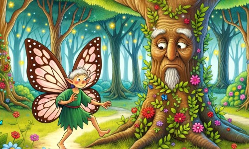 Une illustration pour enfants représentant une fée maladroite cherchant à améliorer ses compétences de vol dans une forêt enchantée.