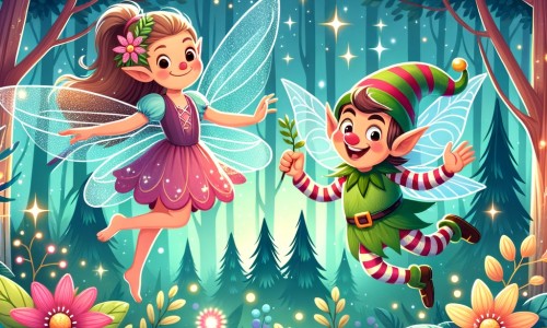 Une illustration destinée aux enfants représentant une fée étourdie virevoltant dans une forêt enchantée, accompagnée d'un joyeux lutin farceur, au milieu d'arbres majestueux aux feuilles chatoyantes et de fleurs lumineuses aux couleurs éclatantes.