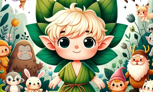 Une illustration destinée aux enfants représentant une adorable petite elfe aux cheveux blonds, vêtue d'une robe en feuille de lotus, qui se retrouve dans une forêt enchantée peuplée de lutins farceurs et d'animaux rigolos.