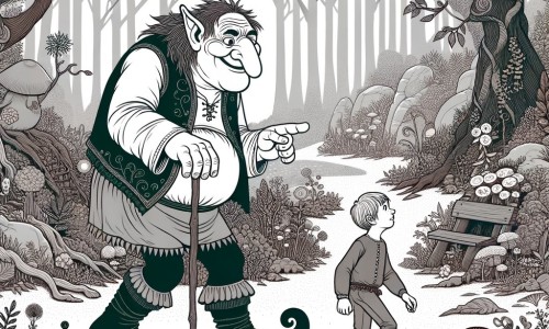 Une illustration destinée aux enfants représentant un ogre maladroit dans une forêt enchantée, accompagné d'un petit garçon curieux, explorant les mystères de la nature.